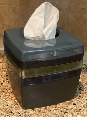 Hand Made Ceramic Tissue Box Cover. Blue Gray Striped. Famous Home Fashions.